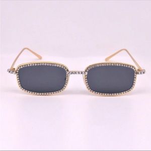 Retro Rectangular Shaped Metal Rhinestone Embellished Sunglasses OS New